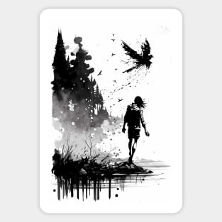 Man Skipping Rocks on an Inky Lake Sticker